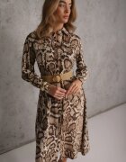 rosa Rochie Cămașă Maro Snake Print cu Vâscoză și Curea Bririn