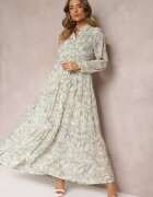 rosa Rochie Cămașă Mentă Maxi Florală cu Volan la Bază Nilmisse