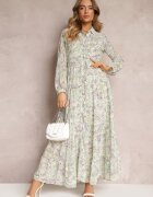 rosa Rochie Cămașă Mentă Maxi Florală cu Volan la Bază Nilmisse