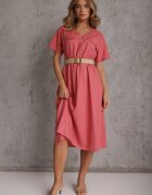 rosa Rochie-cămașă Midi roz închis din Bumbac cu Elastic în Talie și Curea Împletită Emera