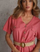 rosa Rochie-cămașă Midi roz închis din Bumbac cu Elastic în Talie și Curea Împletită Emera
