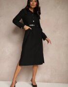 rosa Rochie cămașă Neagră cu Curea Decorativă și Fente Ciarira