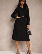 rosa Rochie cămașă Neagră cu Curea Decorativă și Fente Ciarira