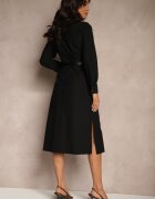rosa Rochie cămașă Neagră cu Curea Decorativă și Fente Ciarira
