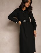 rosa Rochie cămașă Neagră cu Curea Decorativă și Fente Ciarira
