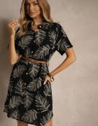 rosa Rochie cămașă Neagră din bumbac cu centură și imprimeu cu frunze Paredia