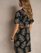 rosa Rochie cămașă Neagră din bumbac cu centură și imprimeu cu frunze Paredia