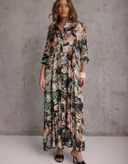 rosa Rochie Cămașă Negru-Bej din Viscoză cu flori și nasturi la mâneci Enayira