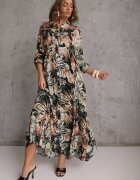 rosa Rochie Cămașă Negru-Bej din Viscoză cu flori și nasturi la mâneci Enayira