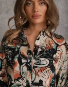 rosa Rochie Cămașă Negru-Bej din Viscoză cu flori și nasturi la mâneci Enayira