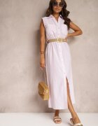 rosa Rochie Cămașă Roz din Bumbac Fără Mâneci cu Curea și Elastic în Talie Zalorea