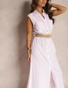 rosa Rochie Cămașă Roz din Bumbac Fără Mâneci cu Curea și Elastic în Talie Zalorea