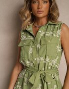 rosa Rochie Cămașă Verde cu Cordon și Broderie Malenea