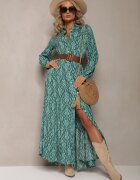 rosa Rochie Cămașă Verde cu Model Ornamental Gongi