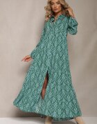 rosa Rochie Cămașă Verde cu Model Ornamental Gongi