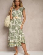 rosa Rochie Cămașă Verde din Viscoză cu Imprimeu Geometric Boredis