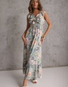 rosa Rochie cloche mentă cu imprimeu floral cu volane și cordon Kerna