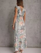 rosa Rochie cloche mentă cu imprimeu floral cu volane și cordon Kerna
