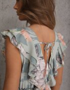 rosa Rochie cloche mentă cu imprimeu floral cu volane și cordon Kerna
