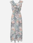 rosa Rochie cloche mentă cu imprimeu floral cu volane și cordon Kerna
