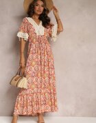 rosa Rochie Cloș din Vâscoză Portocalie cu Decolteu Triunghiular și Dantelă Decorativă Prickie