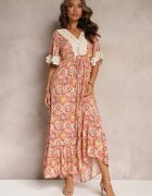 rosa Rochie Cloș din Vâscoză Portocalie cu Decolteu Triunghiular și Dantelă Decorativă Prickie