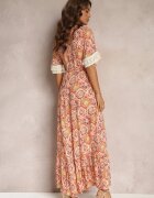 rosa Rochie Cloș din Vâscoză Portocalie cu Decolteu Triunghiular și Dantelă Decorativă Prickie