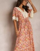 rosa Rochie Cloș din Vâscoză Portocalie cu Decolteu Triunghiular și Dantelă Decorativă Prickie