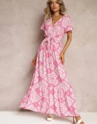 rosa Rochie Cloș Fucsia cu Decolteu petrecut și Curea legată Brynis