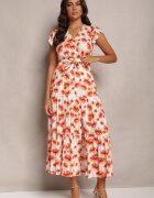 rosa Rochie Cloș Maxi Portocalie cu Imprimeu Floral și Elastic în Talie Javiky