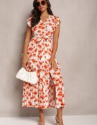 rosa Rochie Cloș Maxi Portocalie cu Imprimeu Floral și Elastic în Talie Javiky