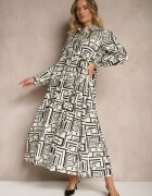 rosa Rochie Cloș Neagră cu Vâscoză cu Imprimeu Geometric Apirestia