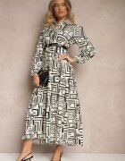 rosa Rochie Cloș Neagră cu Vâscoză cu Imprimeu Geometric Apirestia