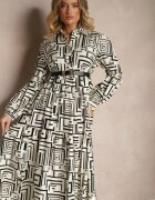 rosa Rochie Cloș Neagră cu Vâscoză cu Imprimeu Geometric Apirestia