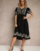 rosa Rochie cloș neagră din bumbac în stil Boho cu broderii Lannils