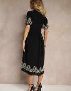 rosa Rochie cloș neagră din bumbac în stil Boho cu broderii Lannils