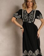 rosa Rochie cloș neagră din bumbac în stil Boho cu broderii Lannils