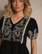 rosa Rochie cloș neagră din bumbac în stil Boho cu broderii Lannils