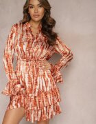 rosa Rochie Cloș Portocalie cu model Acuarelă și Volane Heava