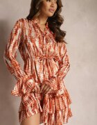 rosa Rochie Cloș Portocalie cu model Acuarelă și Volane Heava