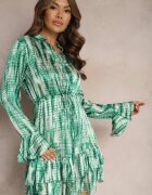 rosa Rochie Cloș Verde cu model Acuarelă cu Volane Heava
