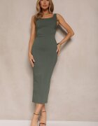 rosa Rochie Creion Verde din Viscoză cu Bretele Decorată cu Șliț Felbia