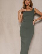 rosa Rochie Creion Verde din Viscoză cu Bretele Decorată cu Șliț Felbia