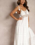 rosa Rochie Croșetată Albă Maxi cu Broderie Decorativă și Volan Eshade