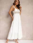 rosa Rochie Croșetată Albă Maxi cu Broderie Decorativă și Volan Eshade