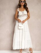 rosa Rochie Croșetată Albă Maxi cu Broderie Decorativă și Volan Eshade