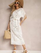 rosa Rochie croșetată albă maxi cu franjuri și mânecă tip liliac Yumoto