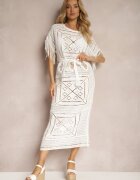 rosa Rochie croșetată albă maxi cu franjuri și mânecă tip liliac Yumoto