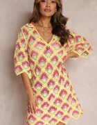 rosa Rochie croșetată galbenă cu decolteu adânc și mânecă scurtă din bumbac Achla