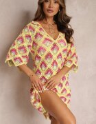 rosa Rochie croșetată galbenă cu decolteu adânc și mânecă scurtă din bumbac Achla